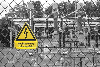 selective, colored, photography, yellow, signage, cyclone fence, energy, current, substation, high voltage, risk