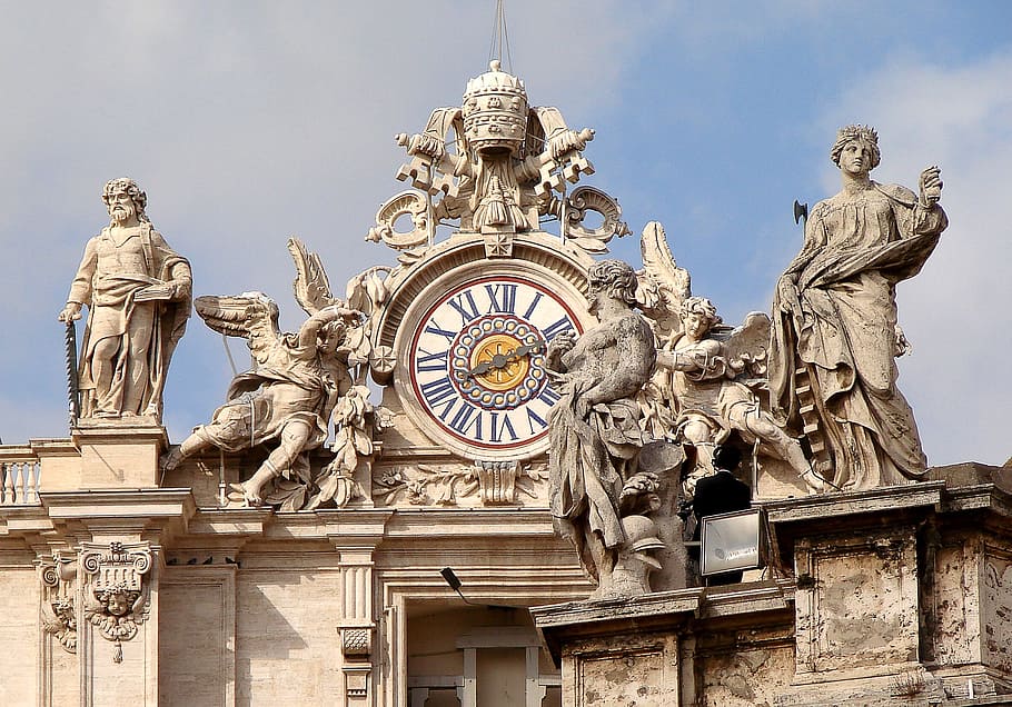 white, clock, pointing, 8:10, vatican city state, italy, italia, the vatican, bernini's colonnade, architecture, the saints