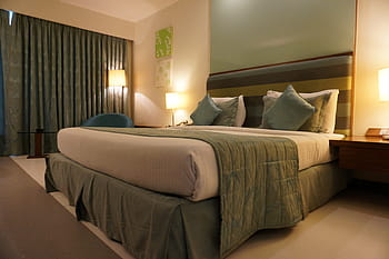 beyaz, yatak, yeşil, yastıklar, otel, oda, perde, mobilya, otel odası, yatak odası, iç
