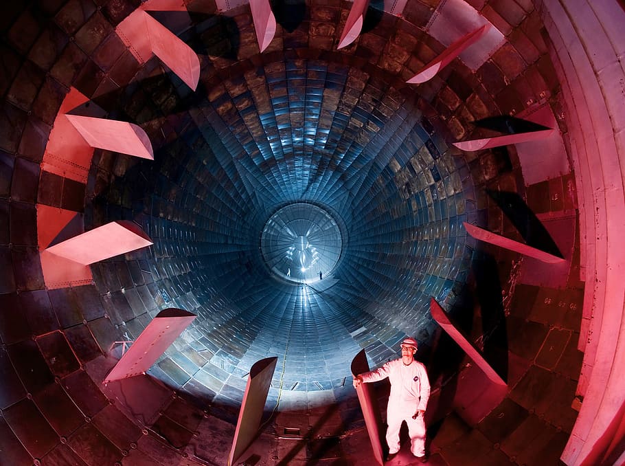 architectural, photography, red, building, arnold afb, tennessee, engine, turbine, blades, man, technician