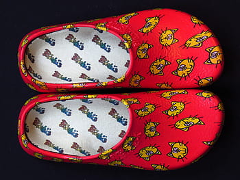 pair, red-and-yellow, cats print slip-on shoes, Shoe, Slipper, Clog, Shoes, Slippers, dutch, red, cat