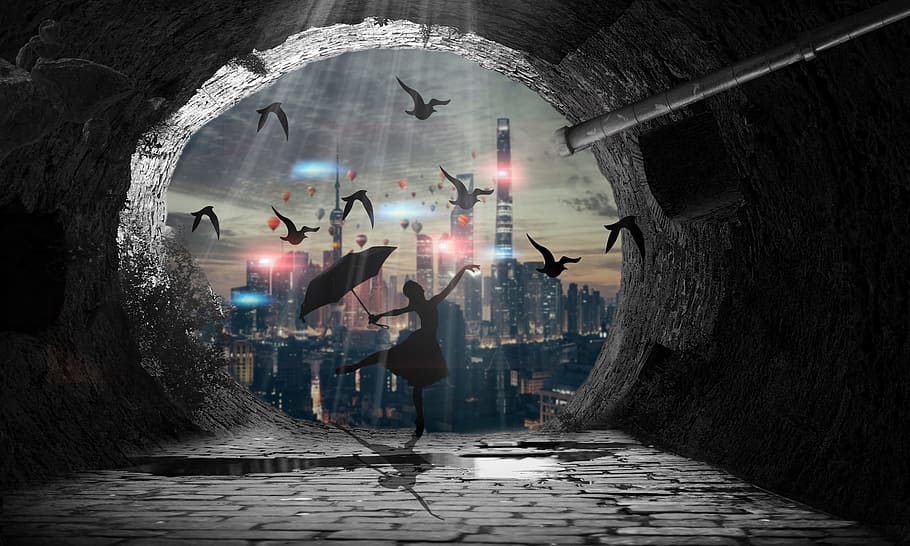 silhouette girl, holding, umbrella, big, hole, birds art, dance, time