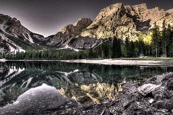 jezero, u jezera, nadreálný, dolomity, hory, voda, odraz, Příroda, venku, stromy, nebe