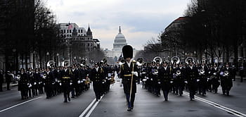 Band, marschieren, Vorderseite, Hauptgebäude, Spielmannszug, Militär-, Heer, zeremoniell, Vereinigte Staaten von Amerika, Parade, Straße