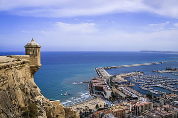 Espagne, alicante, mer, ville, panorama, castillo, santa barbara, des nuages, été, phare