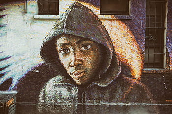 zobrazující, muž, nošení, mikina, horní, pouliční umění, městský, graffiti, lidé, kultur, náboženství