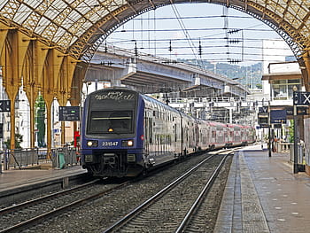 青、 電車、 駅、 昼間、 コンコース、 doppelstockzug、 地域の列車、 輸送、 ゲートウェイ、 ニース、 フランス