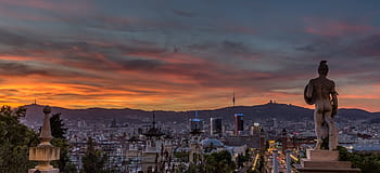 grey, statue, overlooking, city, sunset, barcelona, montjuic, plaza españa