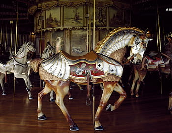 Brun, hvid, heste, karrusel, hest, træ-, retro, nostalgisk, merry-go-round, årgang, farverig