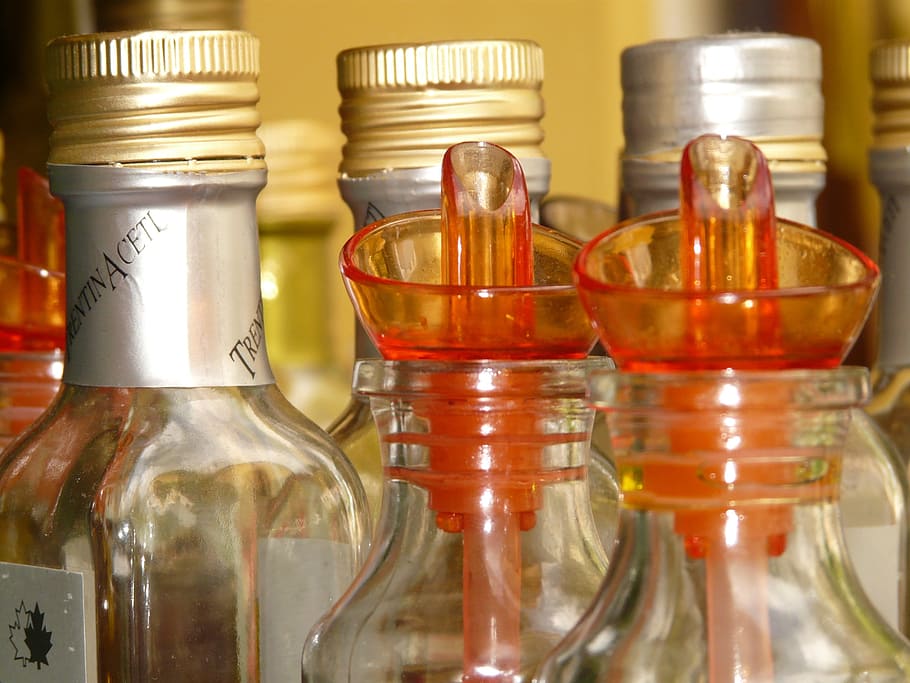 bottiglia, bottiglie, aceto, olio, natura morta