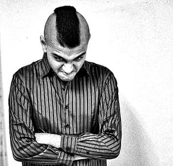 man, black, gray, pinstriped, long-sleeved, button-up shirt, demon, satan, devil, beelzebub, deuce