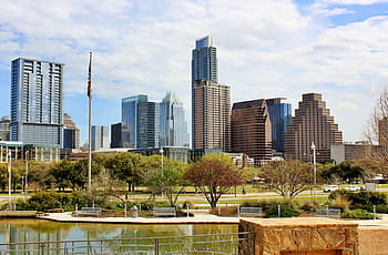 concrete, structures, surrounded, trees, skyline, cityscape, skyscrapers, park, lake, austin, texas