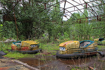 dva, žlutá, opuštěný, nárazníku auta, během dne, pripyat, Ukrajina, chernobyl, katastrofa, nukleární, Napájení