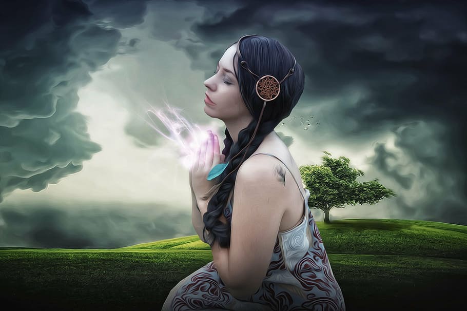 žena, Černá, vlasy fotografie, ženský, krása, dáma, spiritualismus, modlit se, modlete se za déšť, modlete se za gaiu, fantazie