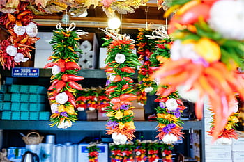 close-up photo, multicolored, vegetables, hanging, blue, shelf rack, green, red, spices, decor, market