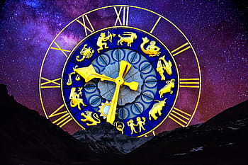 round, blue, gold analog clock, Starry Sky, Zodiac Sign, Clock, dial gold, dial, astrology, time, astrology sign