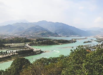 green trees, body, water, near, trees, mountain, dams, Dujiangyan, Sichuan, China, landscape