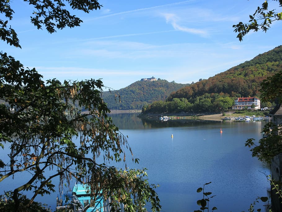 edersee, schloss waldeck, panoráma, voda, les, cestovní ruch