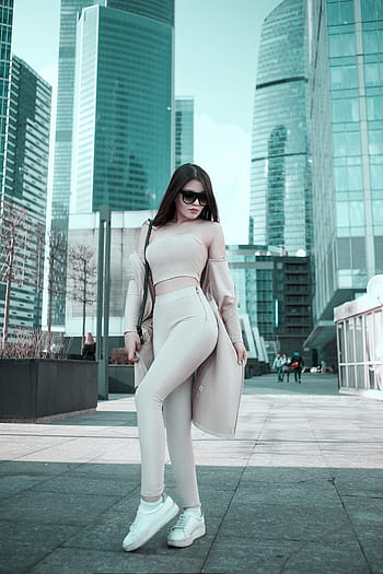 donne, Marrone, coltura a spalla fredda, superiore, vestito di pantaloni, donna, grattacielo, giorno, ragazza, servizio fotografico, città di Mosca