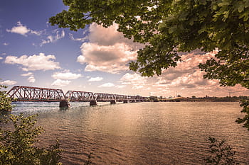 bridge photo, blue, sky, bridge, blue sky, nature, objects, lazy, river, trees, waterway