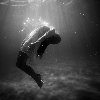 grayscale photography, woman, floating, underwater, grayscale, girl, dress, drowning, black and white, people, swimming