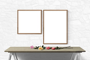 two, brown, wooden, photo frames, front, console, table, poster, mockup, wall, mock