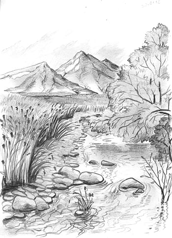 figure, mountains, pencil, creek, black And White, illustration, drawing - Art Product, engraved Image, art, sketch, antique