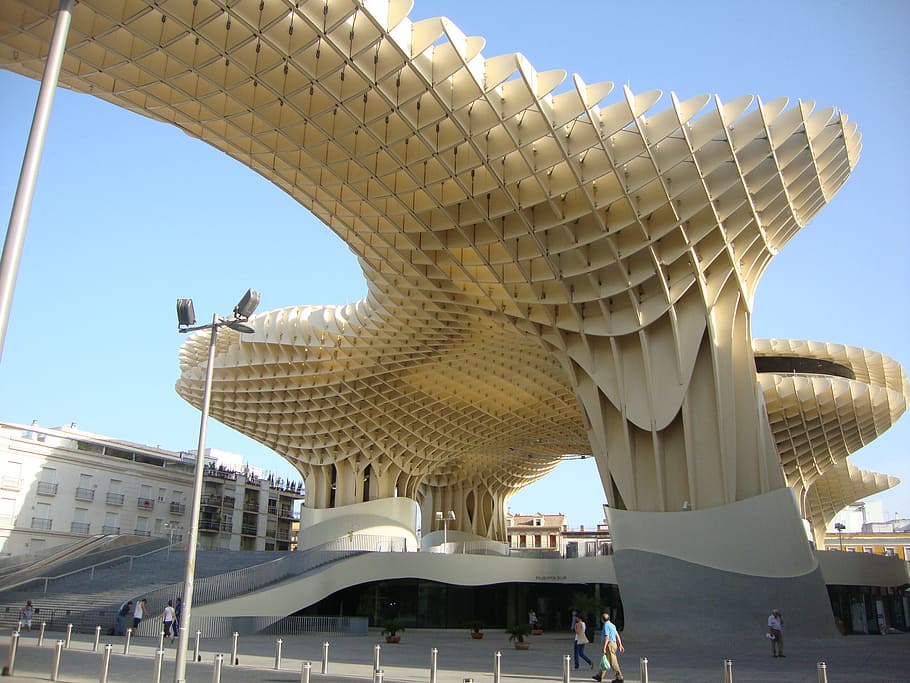 nízký, úhel, žlutá, budova, metropol slunečník, Španělsko, seville, design, architektura, mezník, památník