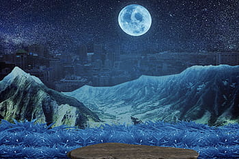 blue, grass, mountain, full, moon painting, city, land, fantasy, moon, landscape, mountains