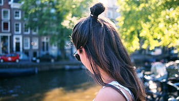 woman, white, top, people, bun, green, trees, shades, sunny, urban, city