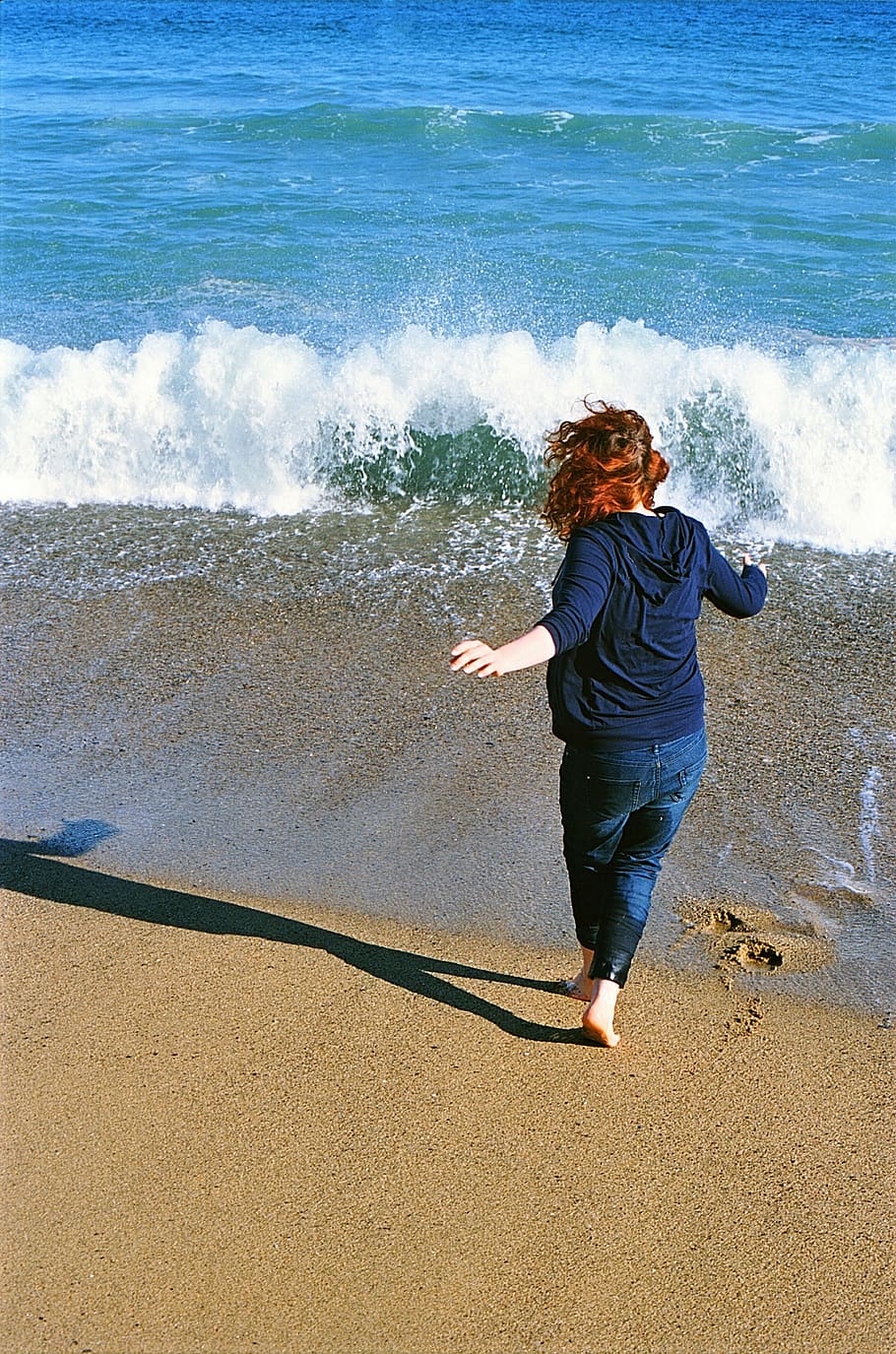 woman, standing, seashore, run, joy, beach, sand, ocean, sea, waves, happy