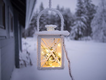 snow, covered, turned, string light lantern, outside, house, outdoor, winter, light, lamp, lantern