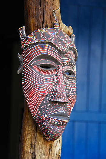 red, black, tribal, mask, hanged, pole, interesting, village, cultural, african, lesedi cultural village