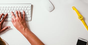 mac, keyboard, mouse, apple, hands, typing, type, phone, yellow, watch, desk