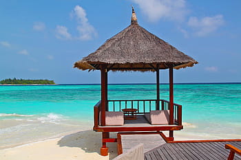 brown, wooden, cottage, body, water, beach hut, beach, vacation, holidays, sand, sea