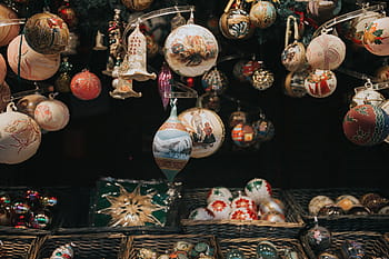 assorted-color ornaments, assorted, ball, decors, christmas, ornament, basket, decor, retail, large group of objects, abundance