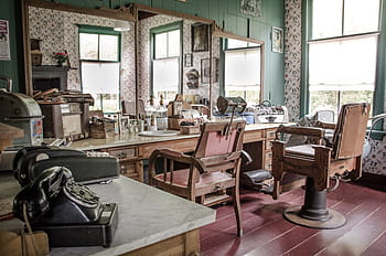 two, brown, wooden, barber chairs, barber, shop, chair, barber shop, haircut, hairdresser, beard