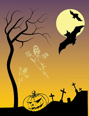 silhouet, bomen, pompoenen halloween-thema illustratie, Halloween-poster, tekening, eng, pompoen, griezelig, vakantie, nacht, donker