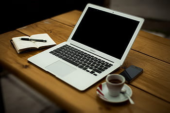 notebook, laptop, káva, dřevěný, lavice, domácí kancelář, pracovní stanice, kancelář, podnikání, MacBook air, přenosné zařízení
