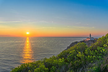 krajinářské fotografie, zelená, stromy, tělo, voda, během dne, mallorca, moře, svítání, Skála, maják