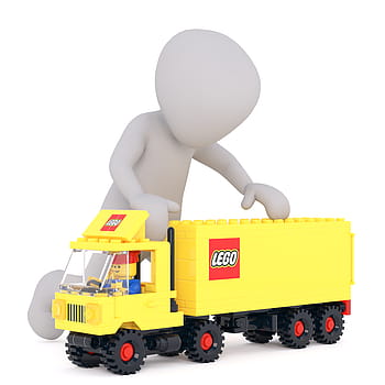 yellow, lego plastric truck toy, Lego, truck, toy, toys, play, truck driver, professions, white male, 3d model