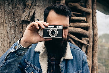 muž, modrý, džínové bundy, hospodářství, Fotoaparát, fotograf, vousy, objektiv, fotky, fotografování, zařízení