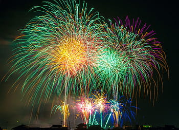 verde, viola, giallo, foto di fuochi d'artificio, ore notturne, fuochi d'artificio, luce, Giappone, Festival, cielo, bellissimo