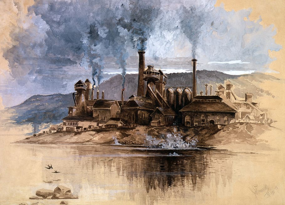 factory painting, industry, industrial plant, steel industry, steel production, watercolor, painting, drawing, bethlehem steel corporation, old