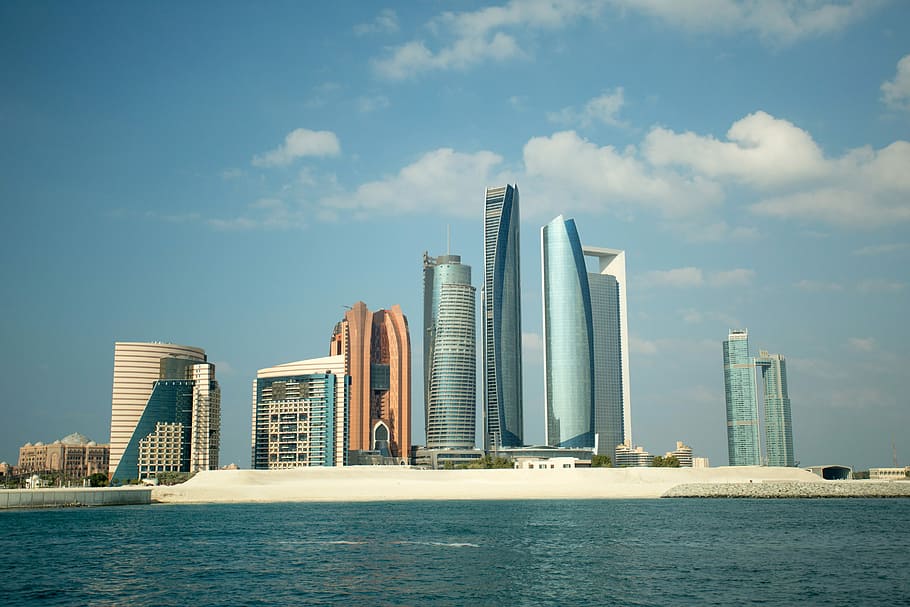 panoráma, sjednocený, arabské emiráty, mrakodrapy, Abu Dhabi, Spojené arabské emiráty, fotografie, veřejná doména, nebe, věže, mrakodrap