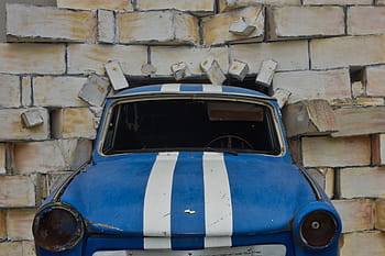 car painting, auto, trabbi, wall, accident, sculpture, art, satellite, light blue, ddr