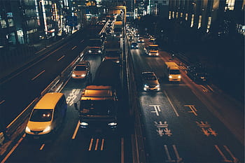 교통, 자동차, 트럭, 도로, 시가, 밤, 어두운, 저녁, 아시아, 건물들, 시티