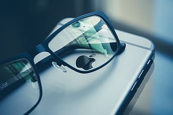 teknologi, gadgetar, iphone, smartphone, mobil, läsning, glasögon, reflexion, fortfarande, bokeh