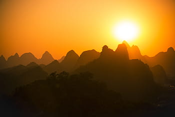 silhouette, mountains, sunset, sunset mountains, sky, mountain, outdoors, sunset sky, mountain top, adventure, mountain climbing