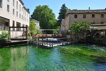 fontaine de vaucluse, vesnice, pohled, vesnice, Pohled, řeka, barvitý, cestovní ruch, Francie, voda, plavecký bazén, architektura